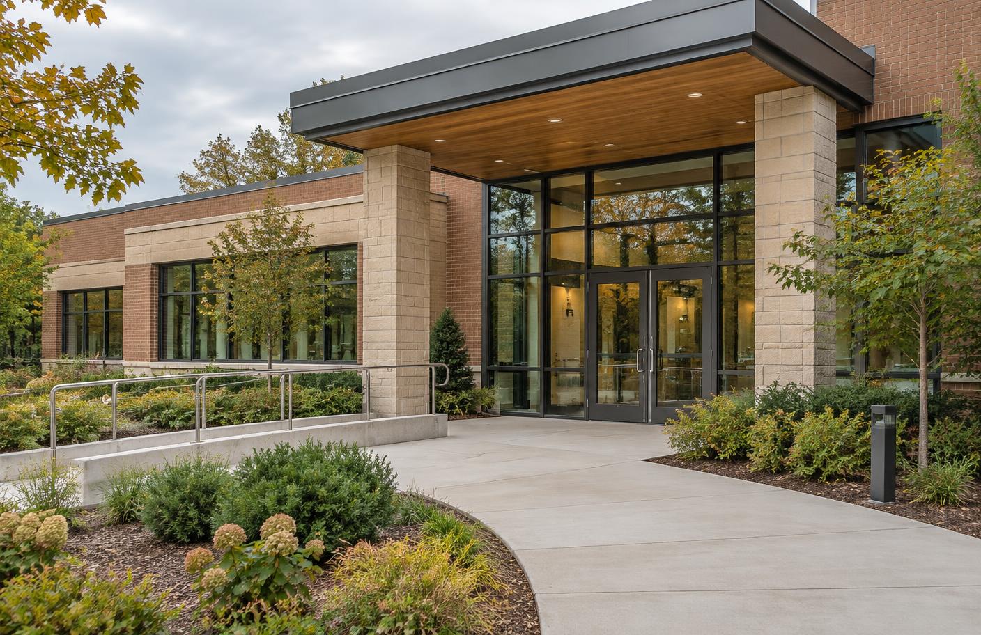 A welcoming community center entrance with brick, limestone and broad windows
