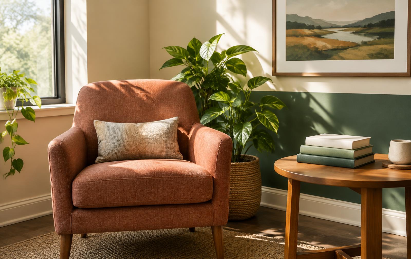 A sunlit corner of a counseling office with an armchair and plants