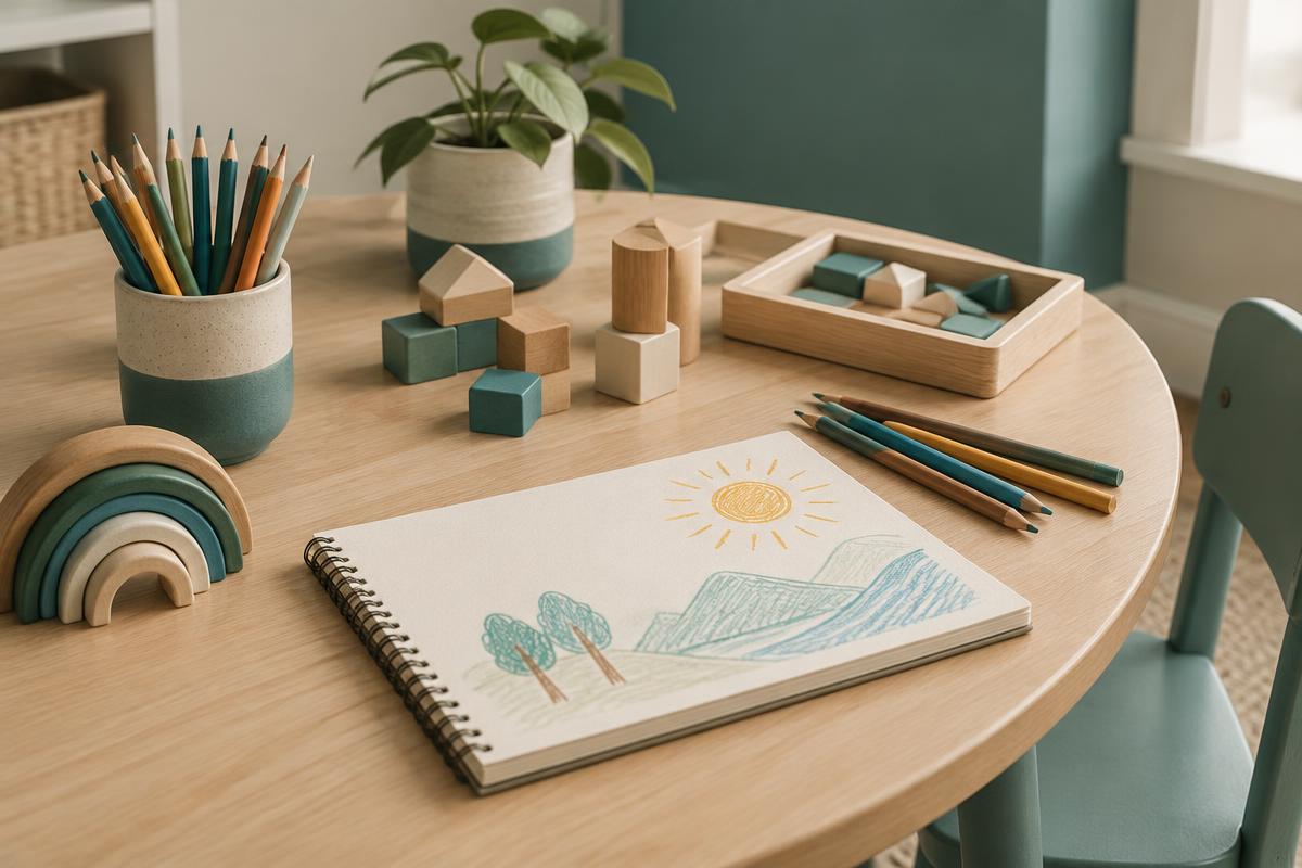 Creative art materials and wooden blocks on a child-friendly table