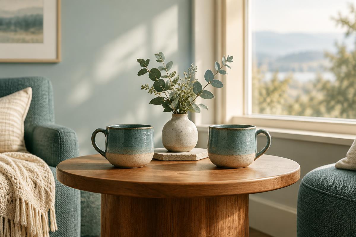 Two ceramic cups arranged on a round table beside a window