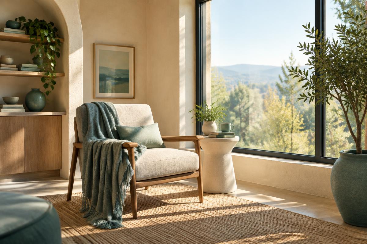 A quiet, sunlit reading chair beside a large window